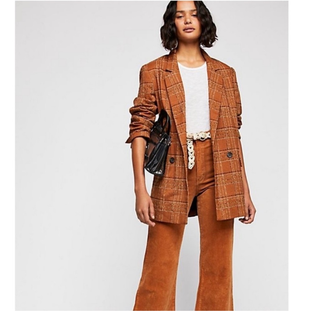 Free people plaid‎ linen Up Town Girl rust Brown Plaid Jacket blazer size large - Picture 3 of 11